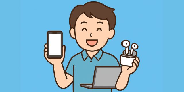 好太郎がスマホやイヤホンなどのガジェットを紹介しているイラスト。ガジェットカテゴリーのアイキャッチ。