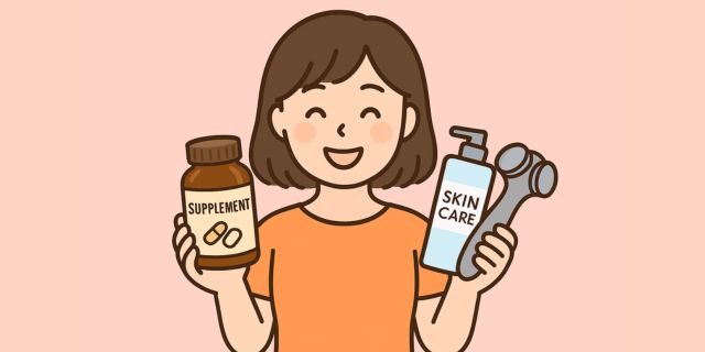 めぐみがサプリやスキンケア用品を持って微笑んでいるイラスト。美容・健康カテゴリーのアイキャッチ。