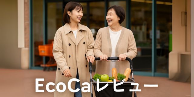 母と娘が笑顔で買い物する様子。EcoCaを押している。背景は明るいスーパー前。