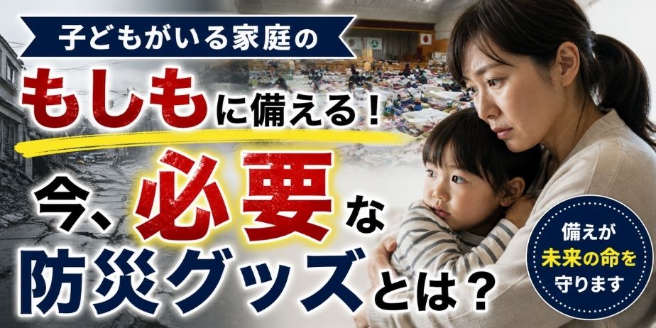 子どもを抱える母親と避難所の様子から、家族を守るために防災準備の重要性を伝えるイメージ