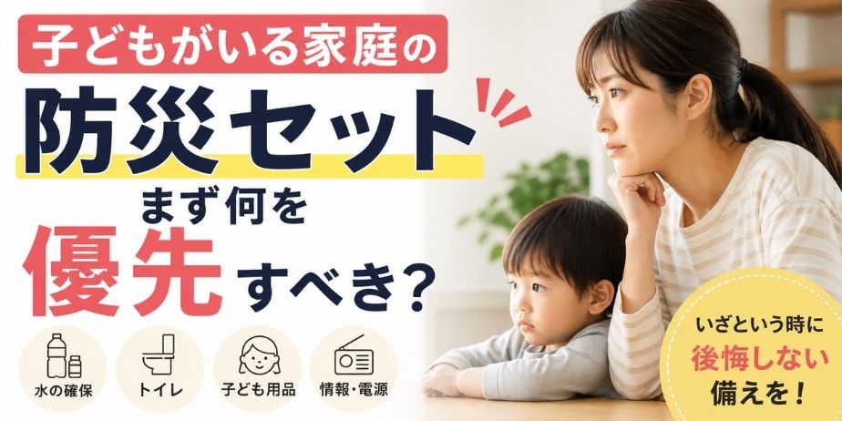 子どもがいる家庭で防災セットの優先順位(水・トイレ・子ども用品・情報)を考えるイメージ画像