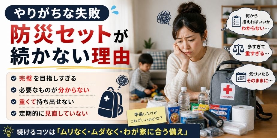 防災セットの準備に悩む女性と、続かない理由(重さ・何を揃えるか分からない)を伝えるイメージ画像