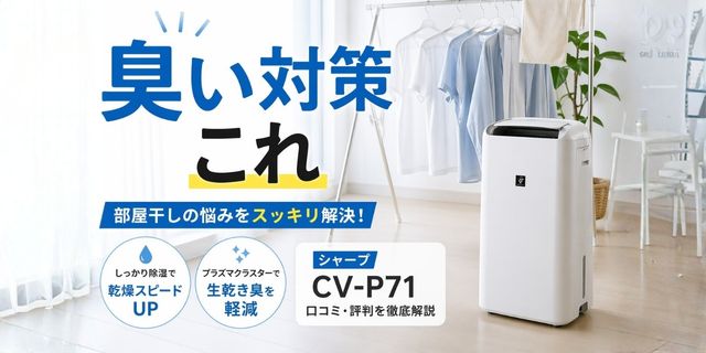 部屋干しの洗濯物と除湿機が並ぶ室内シーン。大きく「臭い対策これ」と表示された、シンプルで清潔感のあるブログ用アイキャッチ画像。