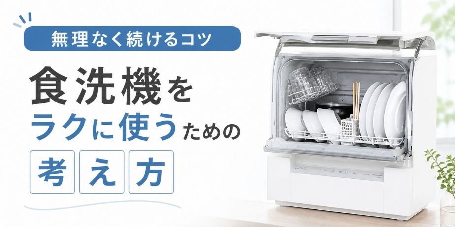 食洗機を無理なく使い続けるコツを解説するアイキャッチ画像。ラクに使うための考え方をシンプルに紹介