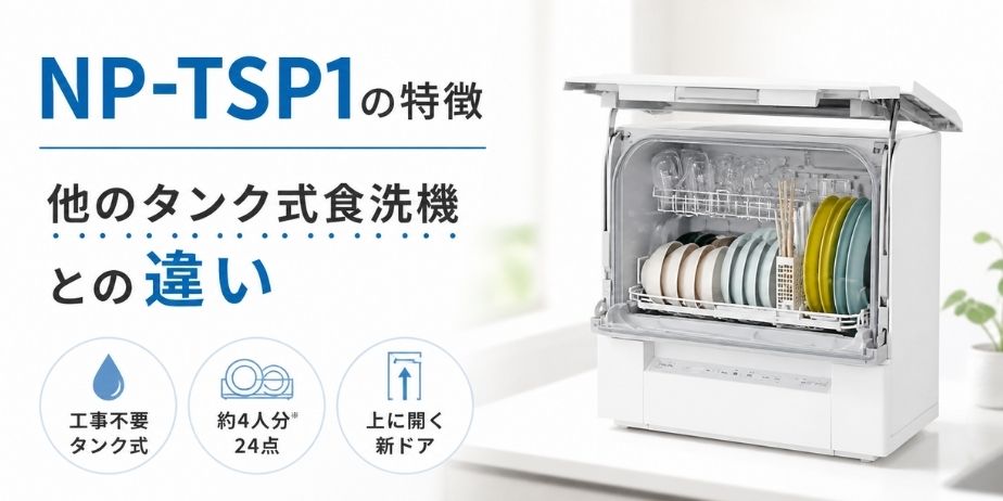 NP-TSP1の特徴と他のタンク式食洗機との違いを比較した画像。工事不要や容量などのポイントを解説