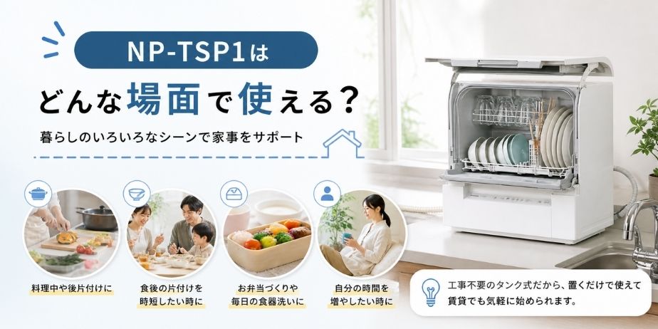 NP-TSP1の使い方や生活シーンを紹介した画像。食後や家事の時短に役立つ場面を解説