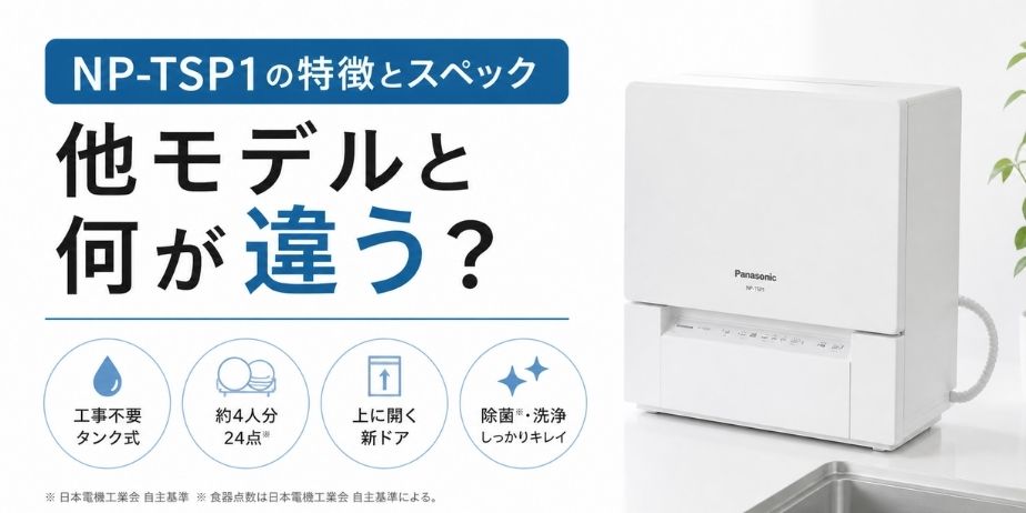 NP-TSP1のスペックと特徴を解説した画像。他の食洗機との違いや容量・機能を比較
