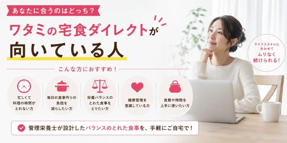 ワタミの宅食ダイレクトが向いている人の特徴を紹介しているライフスタイル系アイキャッチ画像